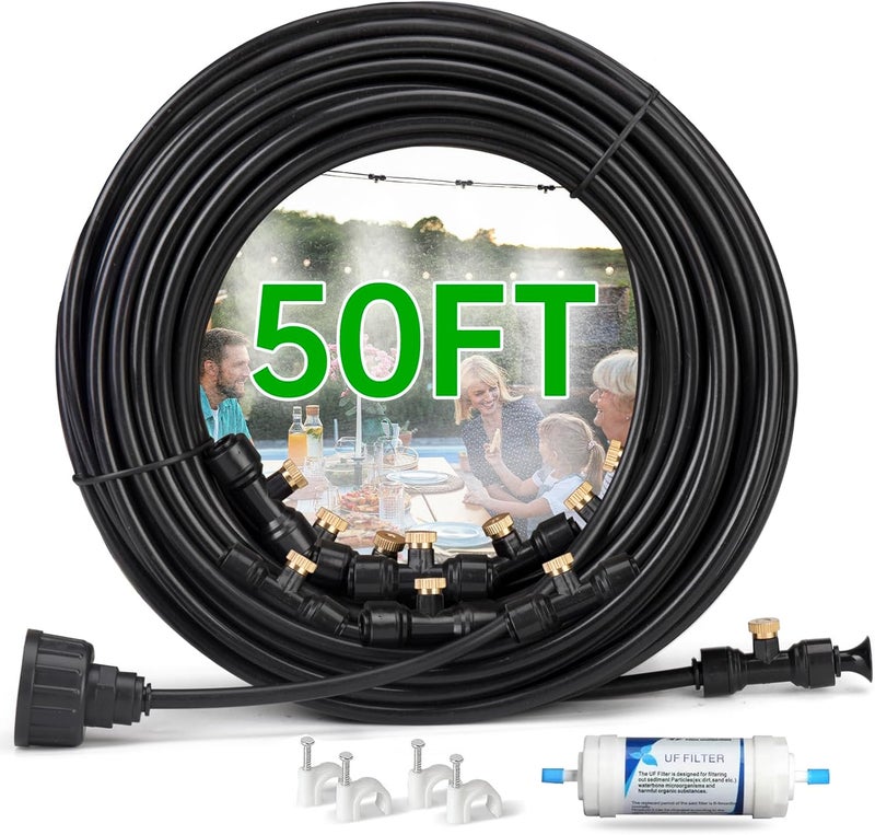 Funpynani 50FT Outdoor Misting Cooling System‌ - Patio Garden Kit with ‌Brass Nozzles & UV Tubing‌, DIY Install for ‌Pool, BBQ, Greenhouse‌, Water-Saving High Pressure Cooler - Image 1